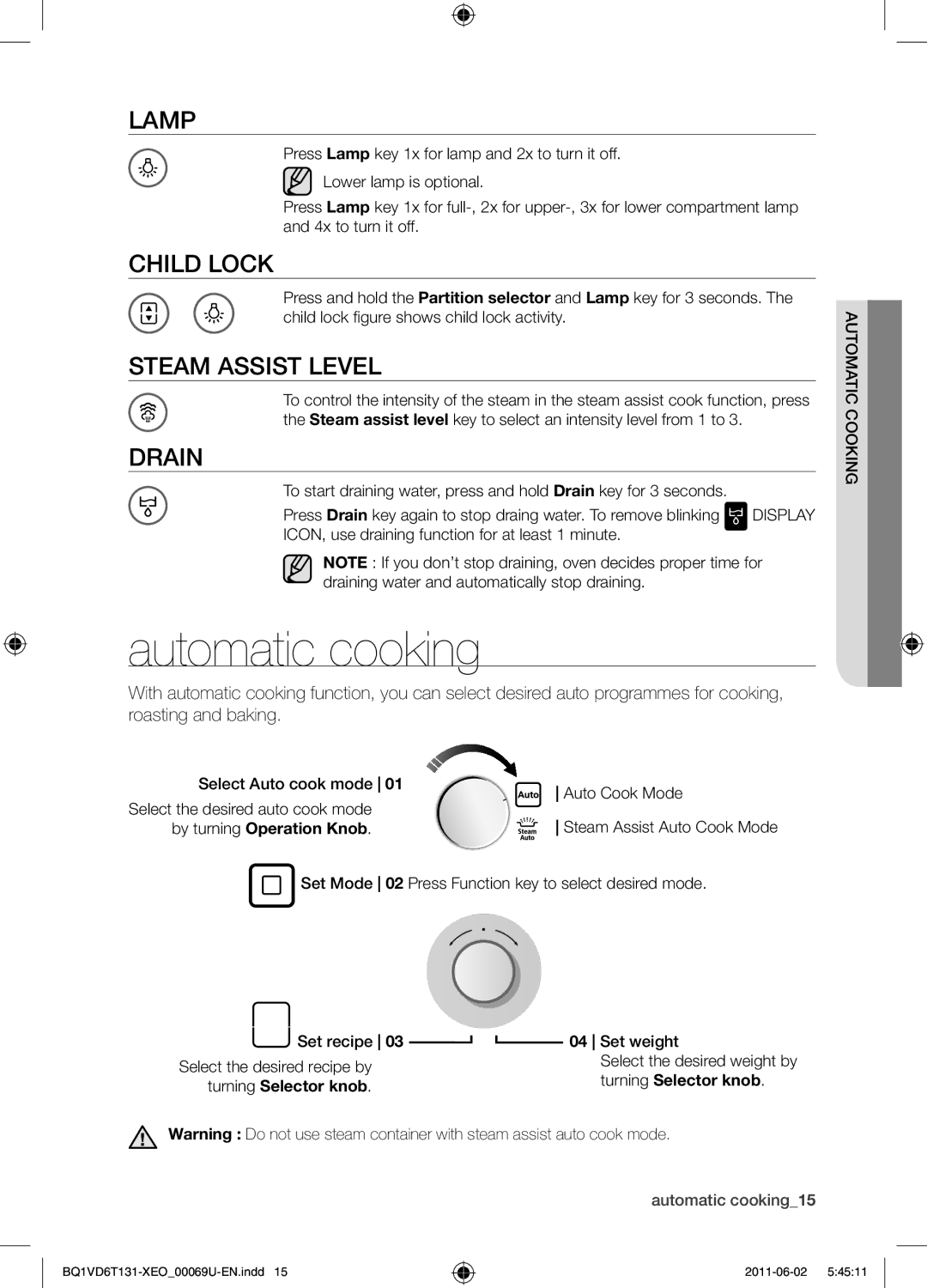 Samsung BQ1VD6T131/XEO manual Automatic cooking, Lamp, Child lock, Steam assist level, Drain 