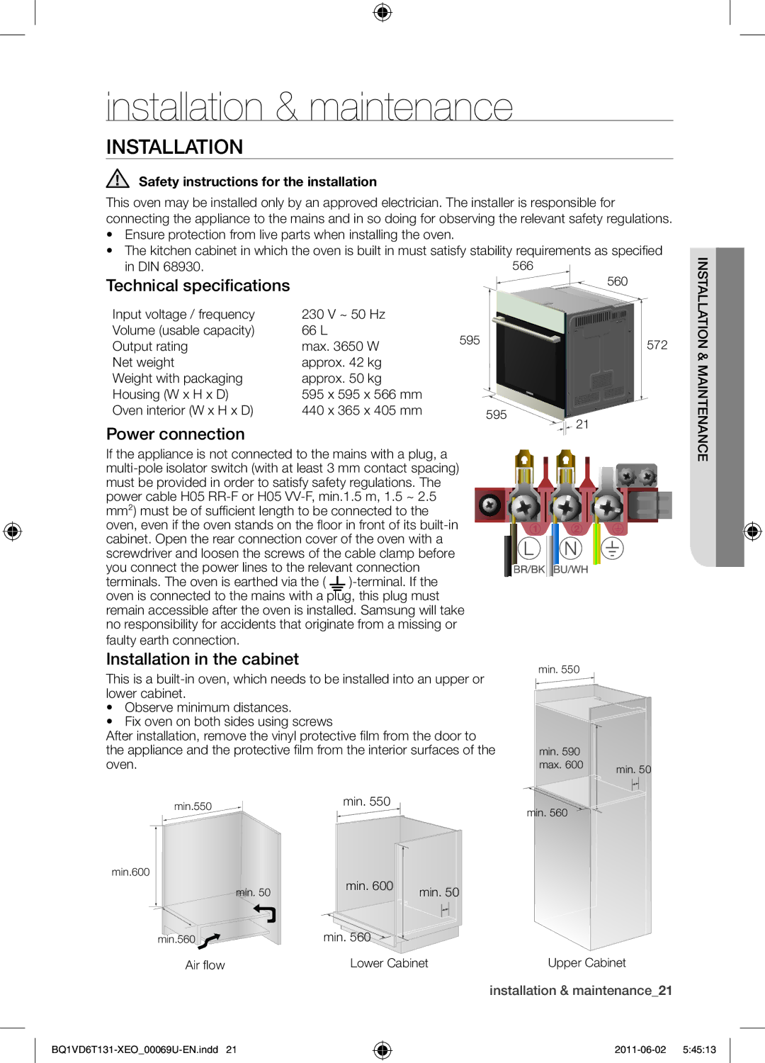 Samsung BQ1VD6T131/XEO Installation & maintenance, Technical specifications, Power connection, Installation in the cabinet 