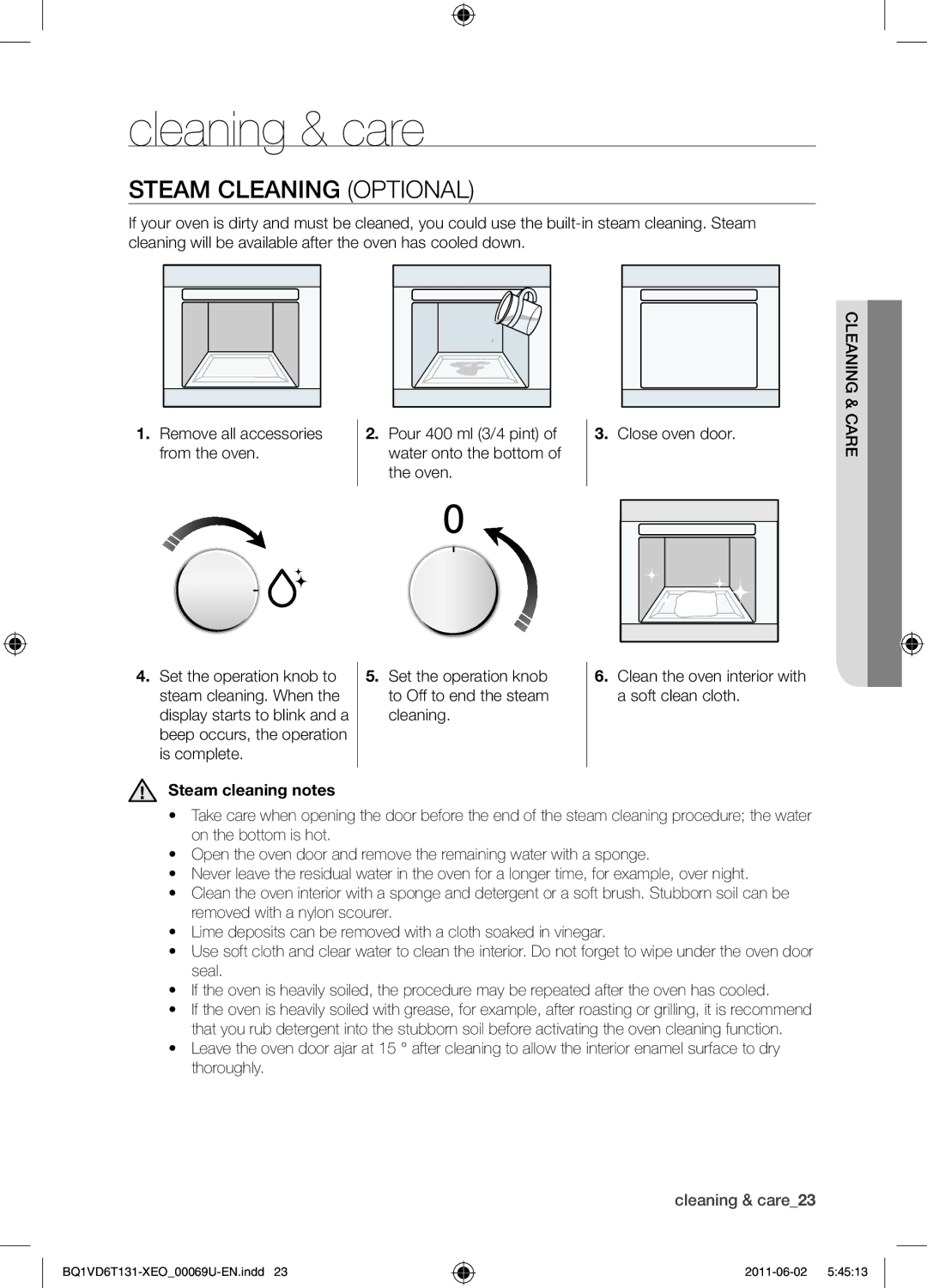 Samsung BQ1VD6T131/XEO manual Cleaning & care, Steam cleaning Optional, Steam cleaning notes 