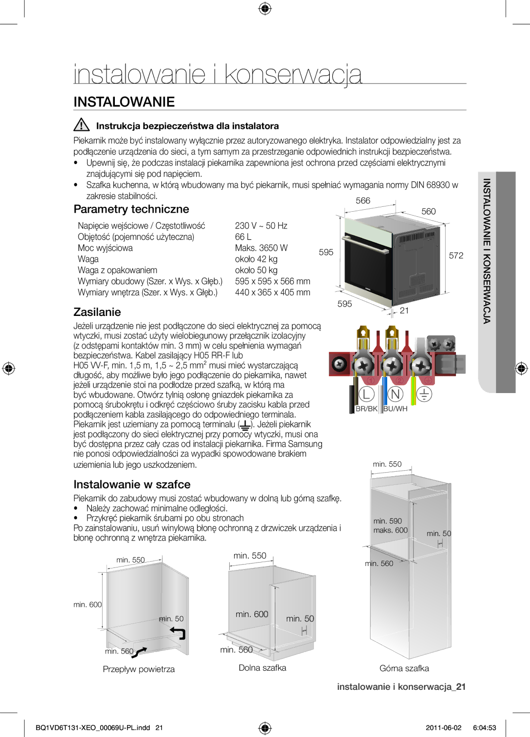 Samsung BQ1VD6T131/XEO manual Instalowanie i konserwacja, Parametry techniczne, Zasilanie, Instalowanie w szafce 