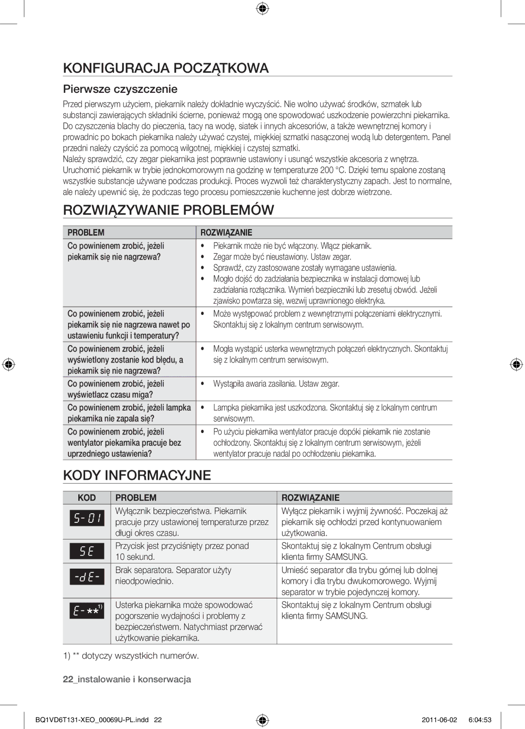 Samsung BQ1VD6T131/XEO manual Konfiguracja początkowa, Rozwiązywanie problemów, Kody informacyjne, Pierwsze czyszczenie 