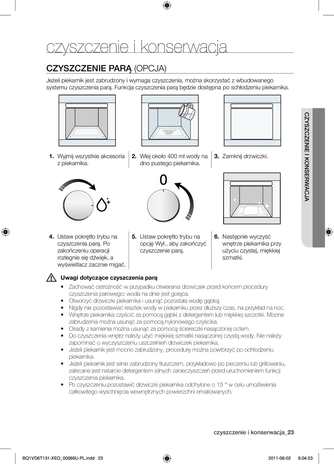 Samsung BQ1VD6T131/XEO manual Czyszczenie i konserwacja, Czyszczenie parą opcja, Dno pustego piekarnika 