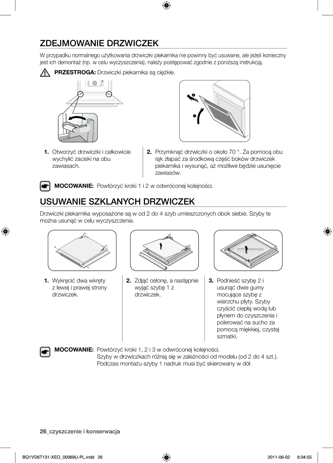 Samsung BQ1VD6T131/XEO manual Zdejmowanie drzwiczek, Usuwanie szklanych drzwiczek 