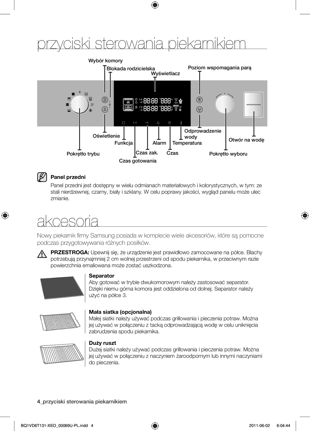 Samsung BQ1VD6T131/XEO manual Przyciski sterowania piekarnikiem, Akcesoria 