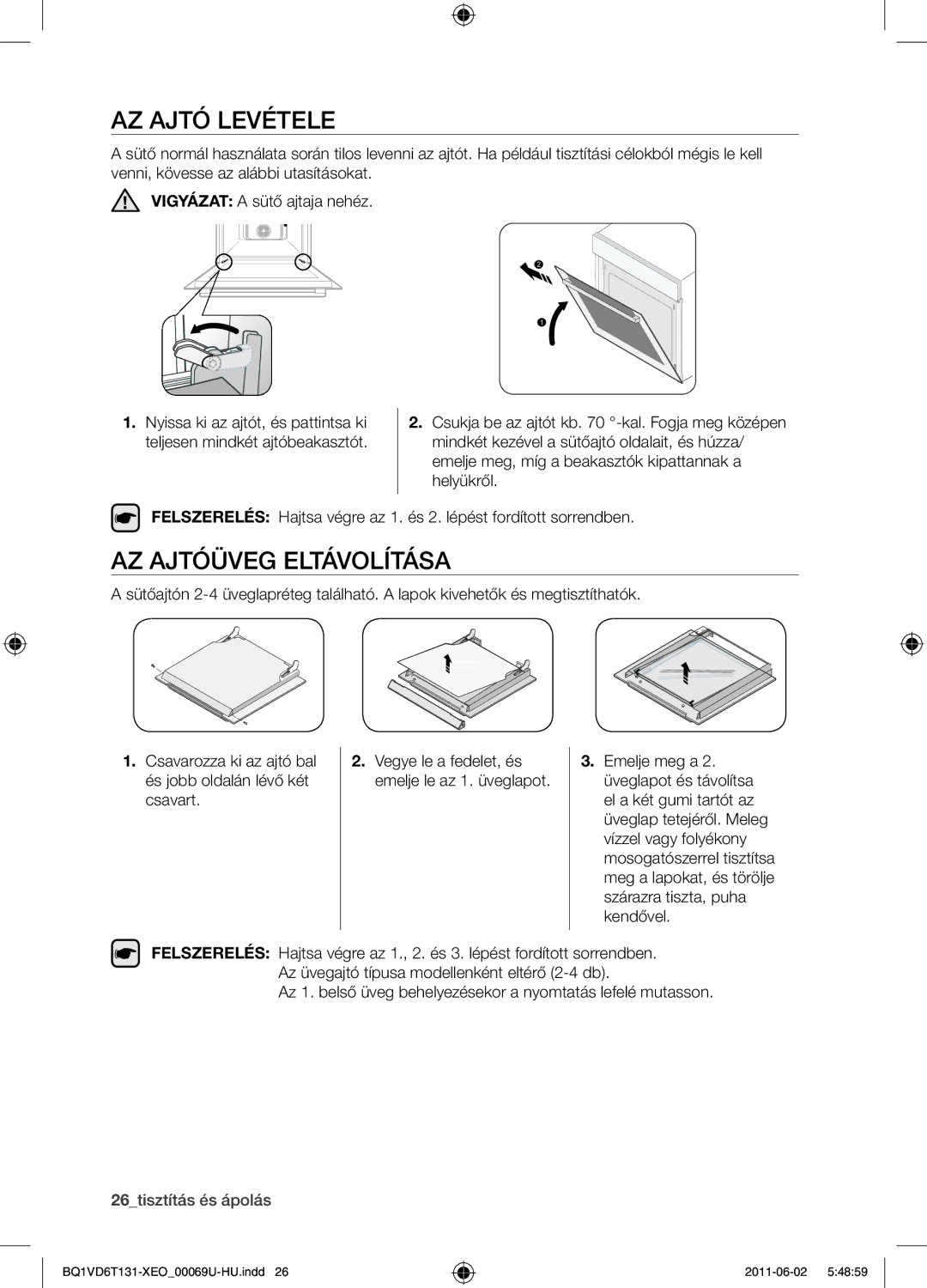 Samsung BQ1VD6T131/XEO manual Az ajtó levétele, Az ajtóüveg eltávolítása 