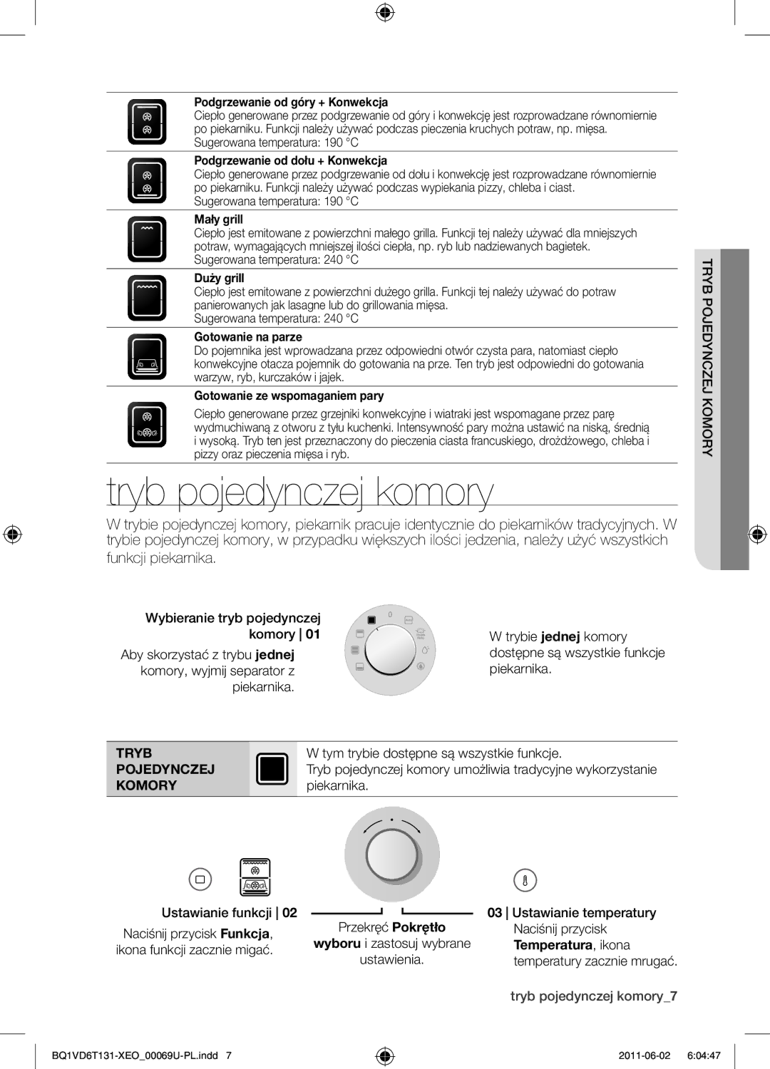 Samsung BQ1VD6T131/XEO manual Tryb pojedynczej komory, Pojedynczej, Komory 