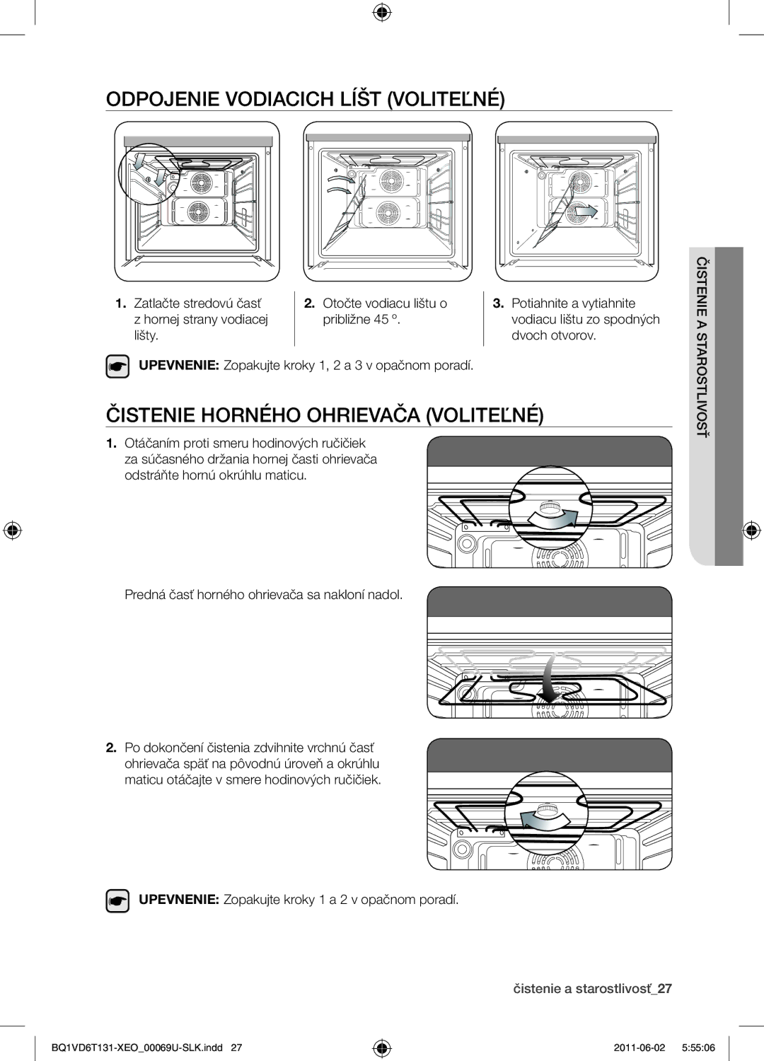 Samsung BQ1VD6T131/XEO manual Odpojenie vodiacich líšt voliteľné, Čistenie horného ohrievača voliteľné 