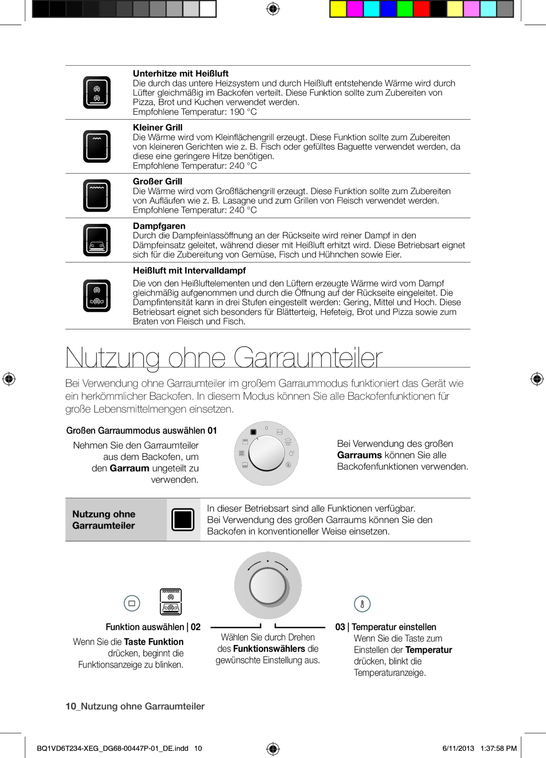 Samsung BQ1VD6T234/XEG manual 10Nutzung ohne Garraumteiler 