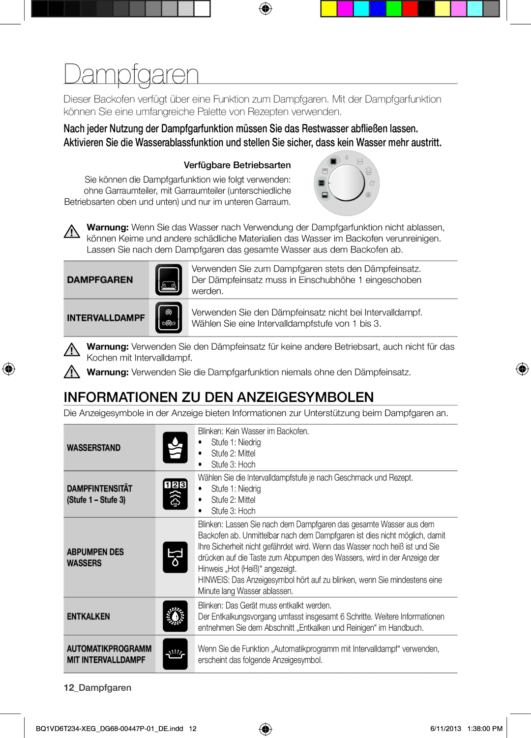 Samsung BQ1VD6T234/XEG manual Informationen ZU DEN Anzeigesymbolen, Stufe 1 Stufe, 12Dampfgaren 