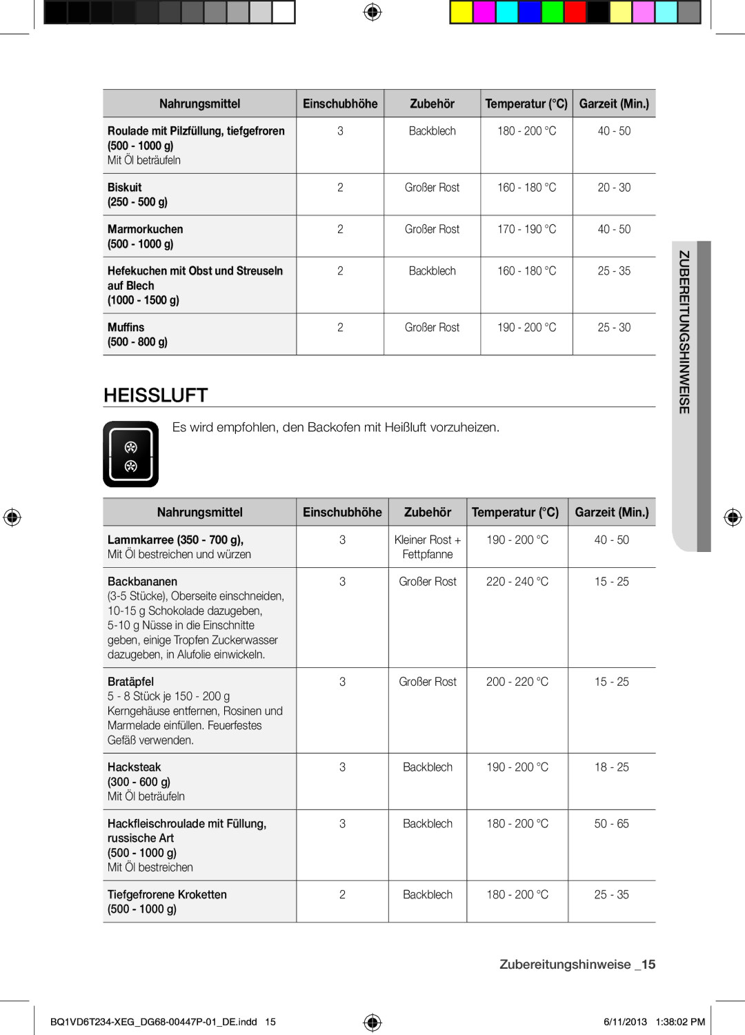 Samsung BQ1VD6T234/XEG manual Heissluft, Zubereitungshinweise 