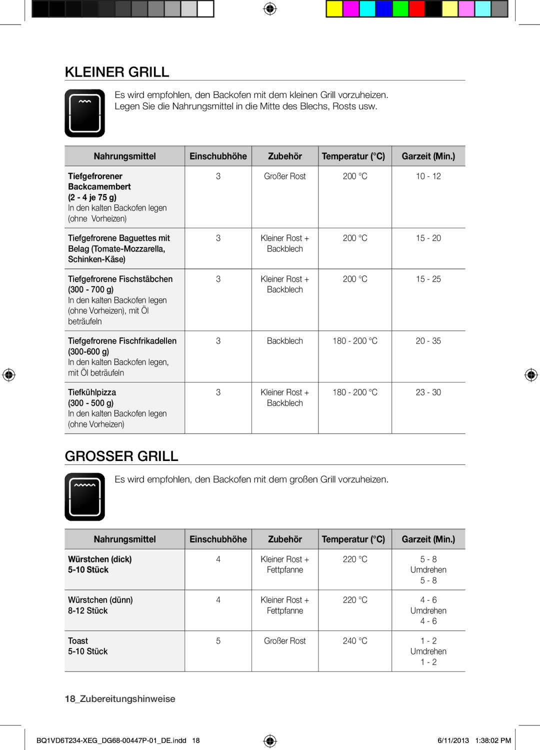 Samsung BQ1VD6T234/XEG manual Kleiner Grill, Grosser Grill, 18Zubereitungshinweise 