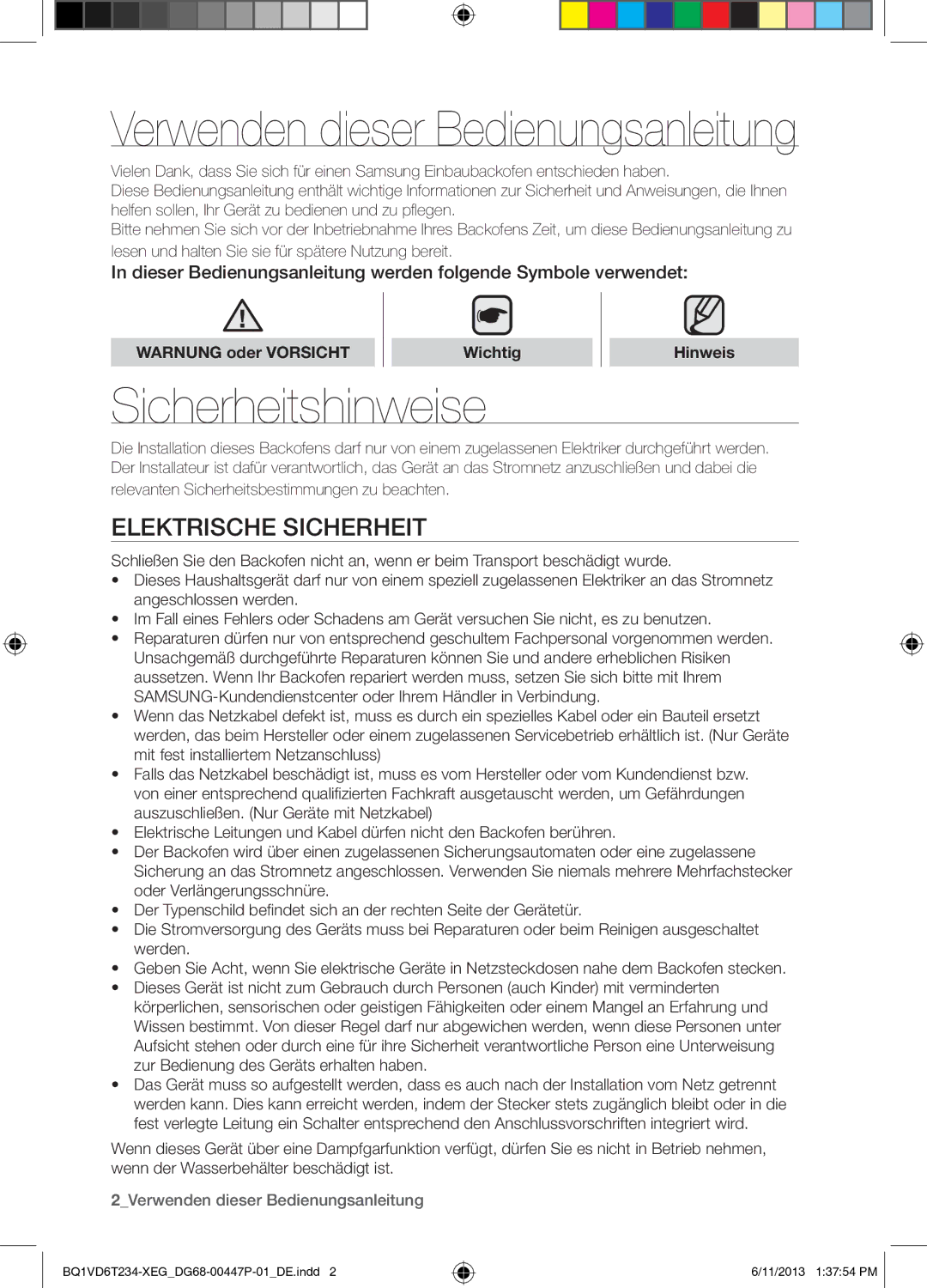 Samsung BQ1VD6T234/XEG manual Sicherheitshinweise, Elektrische Sicherheit, Warnung oder Vorsicht Wichtig Hinweis 