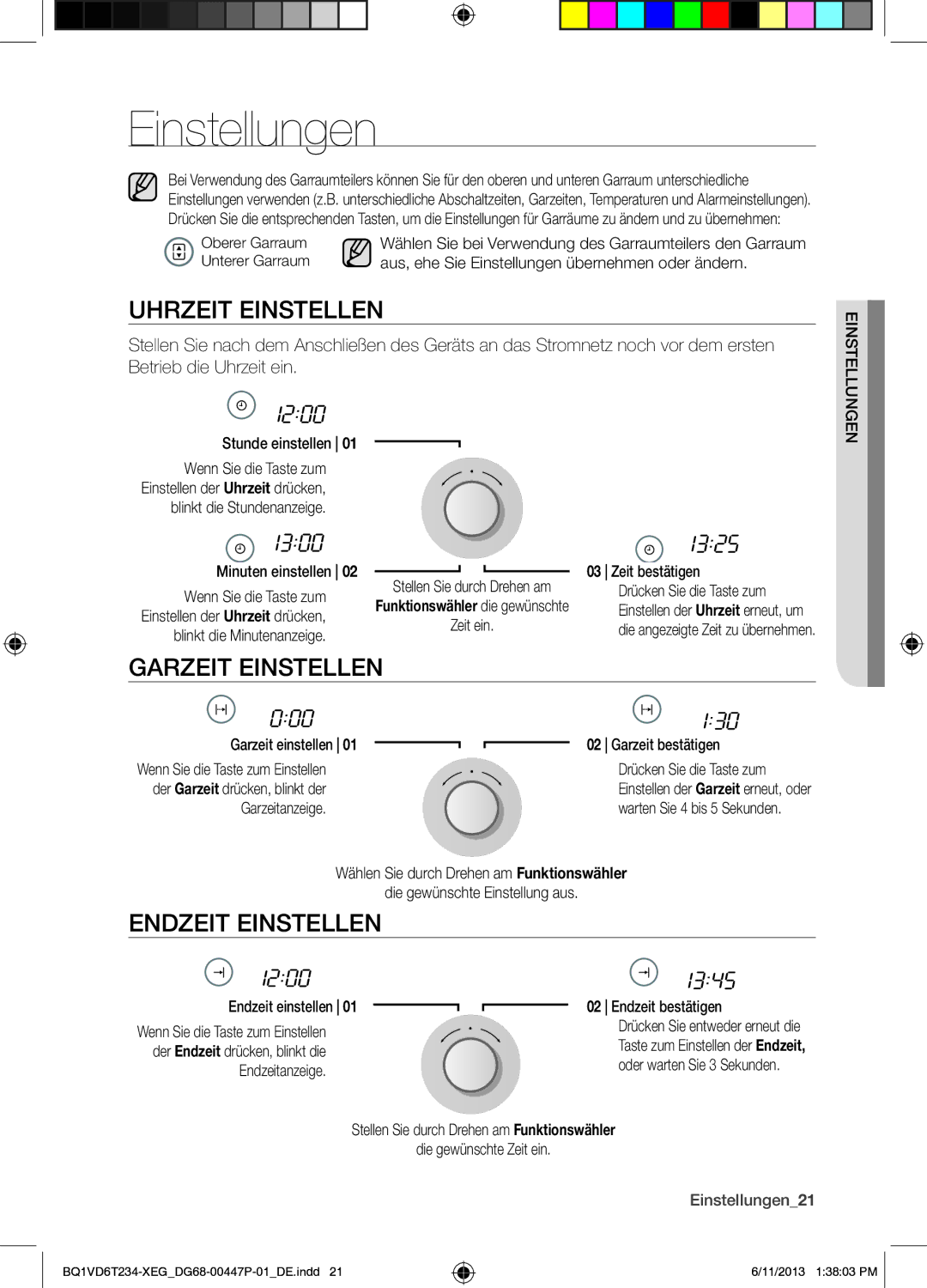 Samsung BQ1VD6T234/XEG manual Uhrzeit Einstellen, Garzeit Einstellen, Endzeit Einstellen, Einstellungen21 