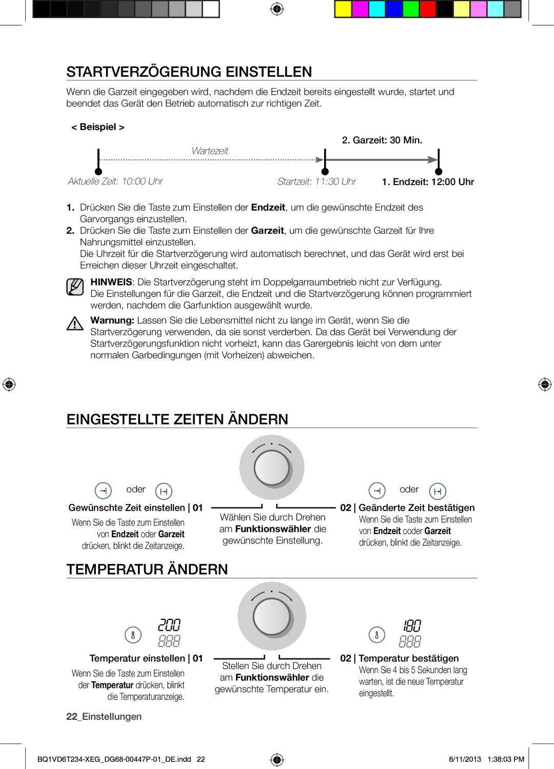 Samsung BQ1VD6T234/XEG manual Startverzögerung Einstellen, Eingestellte Zeiten Ändern, Temperatur Ändern, Beispiel 