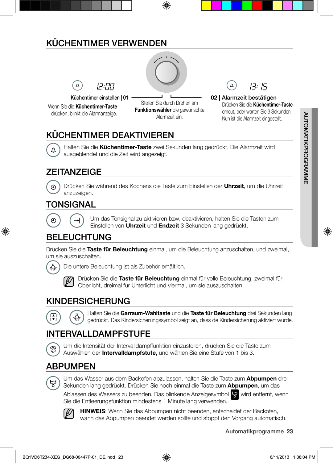 Samsung BQ1VD6T234/XEG Küchentimer Verwenden, Küchentimer Deaktivieren, Zeitanzeige, Tonsignal, Beleuchtung, Abpumpen 