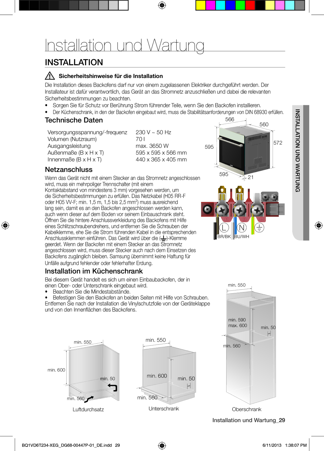 Samsung BQ1VD6T234/XEG manual Installation und Wartung, Technische Daten, Netzanschluss, Installation im Küchenschrank 