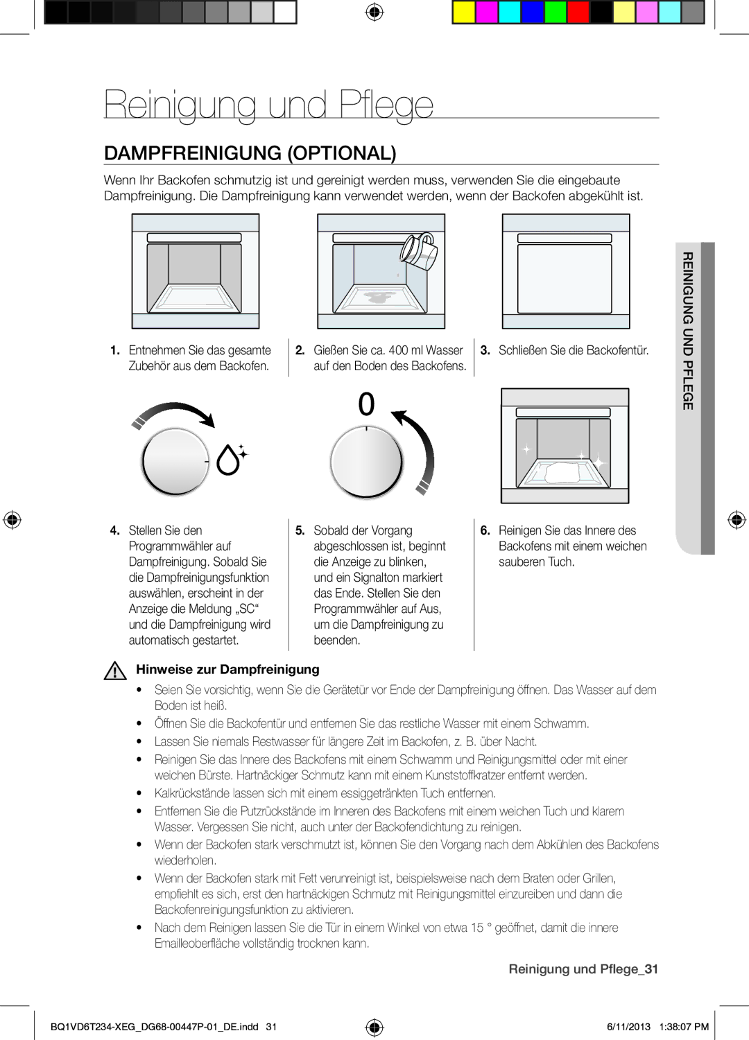 Samsung BQ1VD6T234/XEG Reinigung und Pflege, Dampfreinigung Optional, LegedPfnu gn nigueiR, Hinweise zur Dampfreinigung 