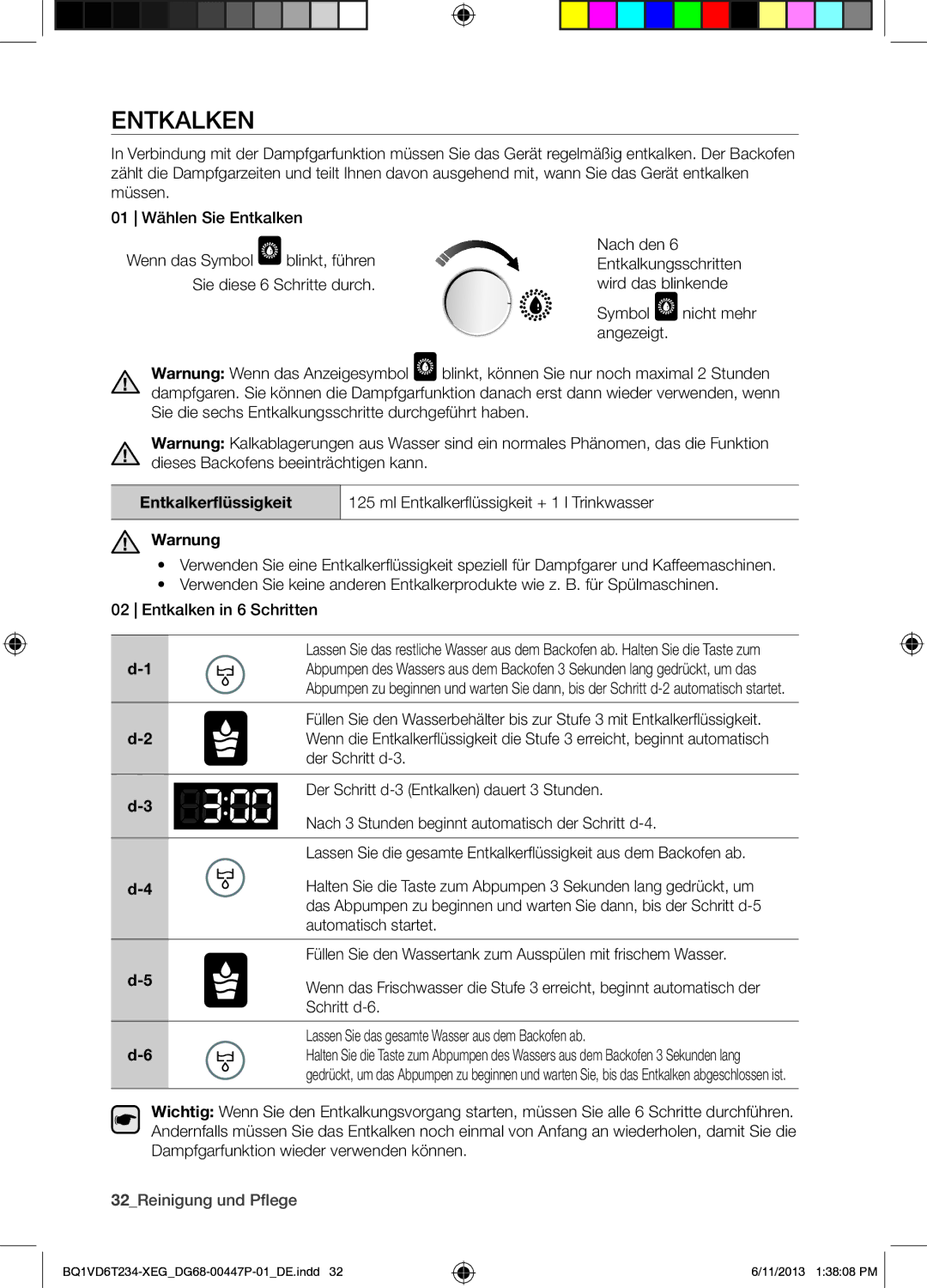 Samsung BQ1VD6T234/XEG manual Entkalken, Nach den, 32Reinigung und Pflege, Entkalkungsschritten 