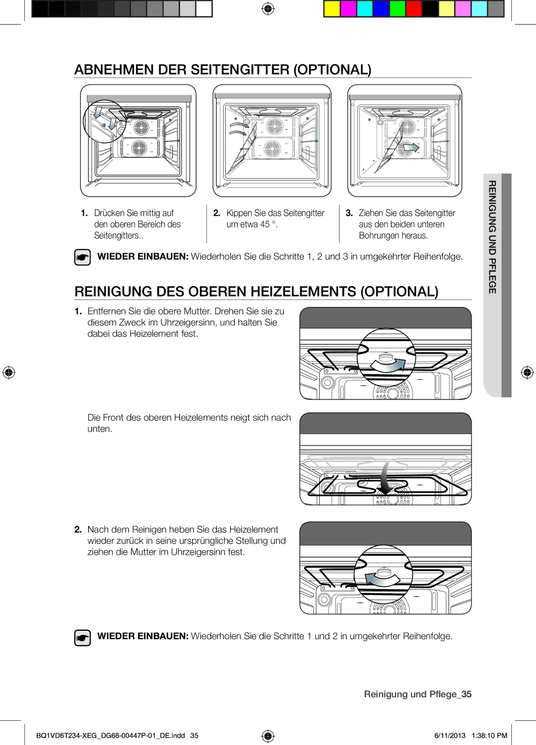 Samsung BQ1VD6T234/XEG manual Abnehmen DER Seitengitter Optional, Reinigung DES Oberen Heizelements Optional 