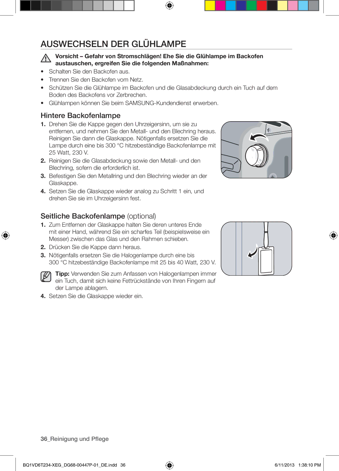 Samsung BQ1VD6T234/XEG manual Auswechseln DER Glühlampe, Hintere Backofenlampe, Seitliche Backofenlampe optional 