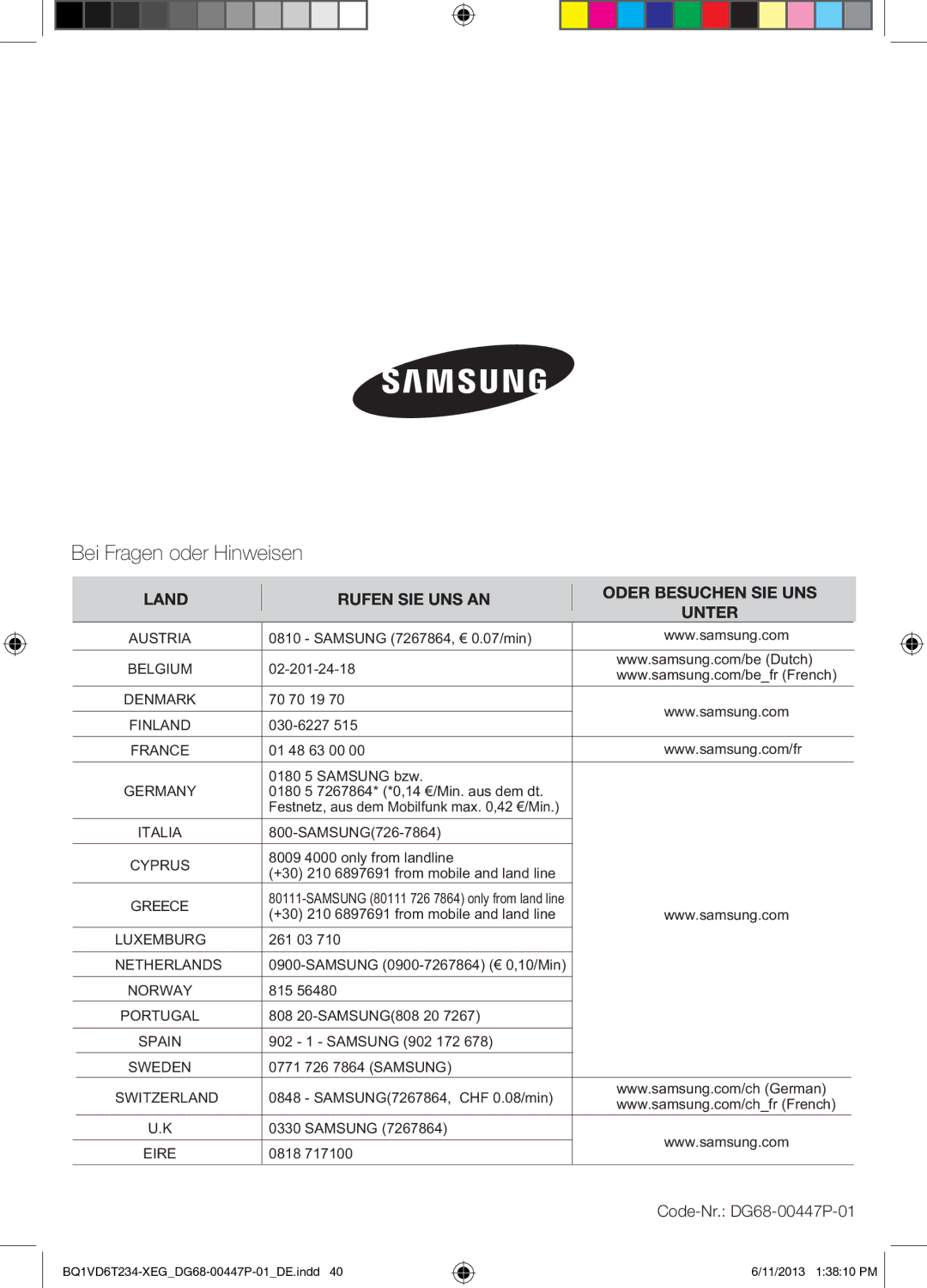 Samsung BQ1VD6T234/XEG manual Bei Fragen oder Hinweisen, Code-Nr. DG68-00447P-01 