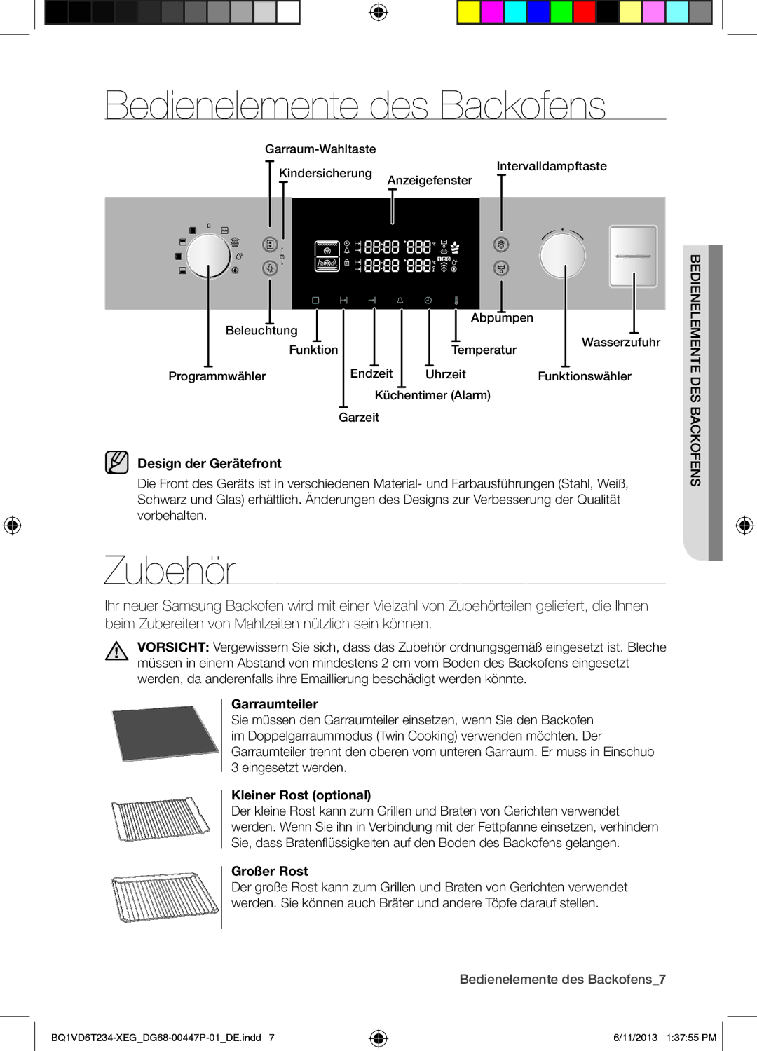 Samsung BQ1VD6T234/XEG manual Bedienelemente des Backofens, Zubehör 