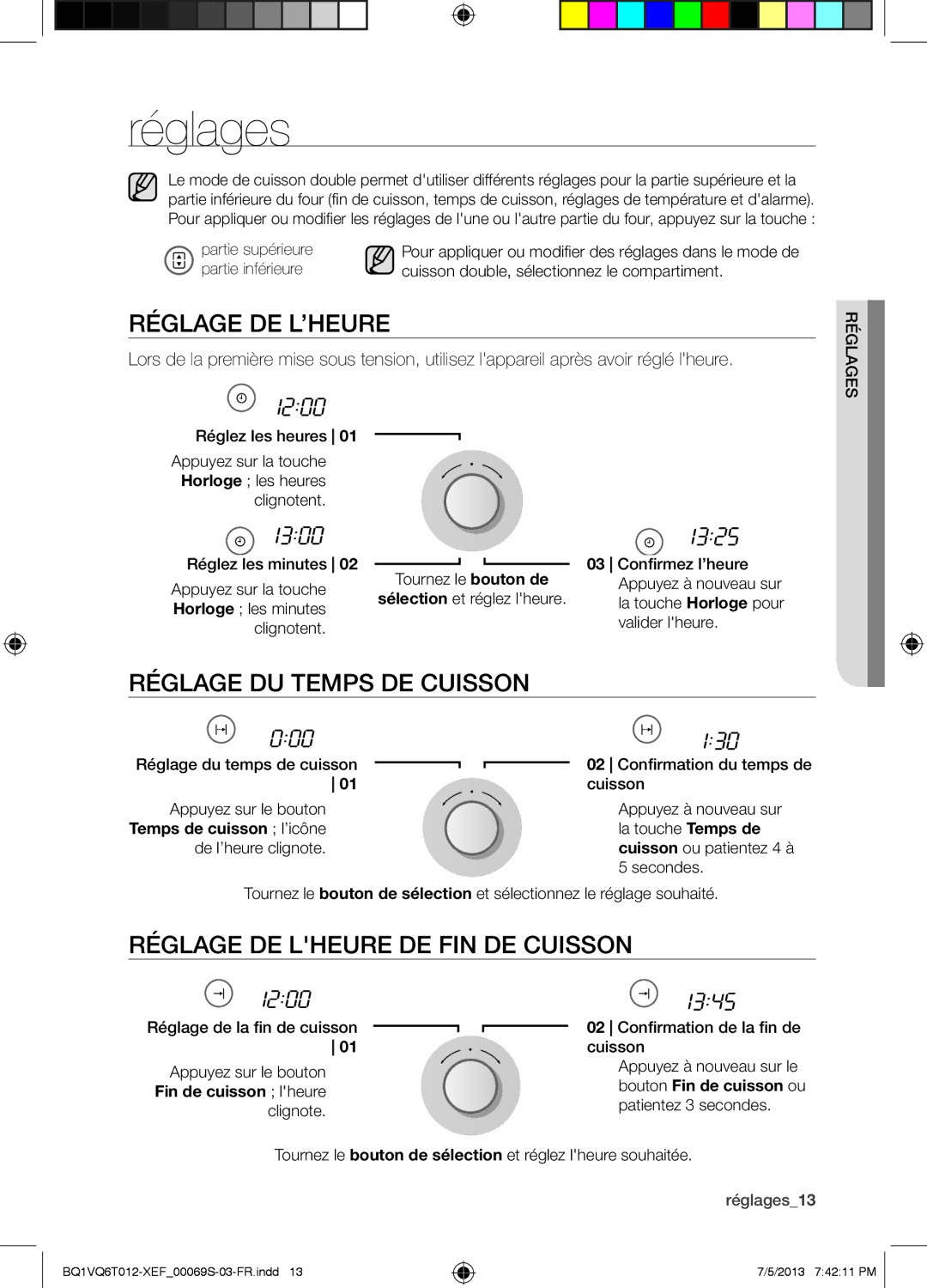 Samsung BQ1VQ6T012/XEF Réglages, Réglage DE L’HEURE, Réglage DU Temps DE Cuisson, Réglage DE Lheure DE FIN DE Cuisson 