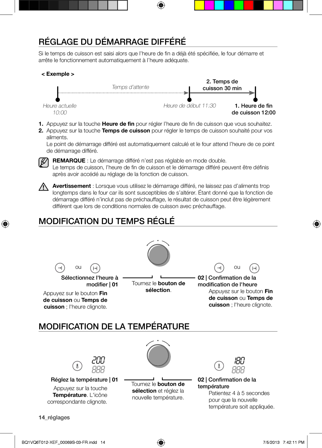 Samsung BQ1VQ6T012/XEF manual Réglage DU Démarrage Différé, Modification DU Temps Réglé, Modification DE LA Température 