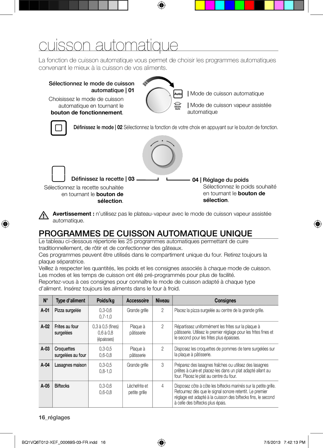 Samsung BQ1VQ6T012/XEF manual Cuisson automatique, Programmes DE Cuisson Automatique Unique, Poids/kg, Consignes 