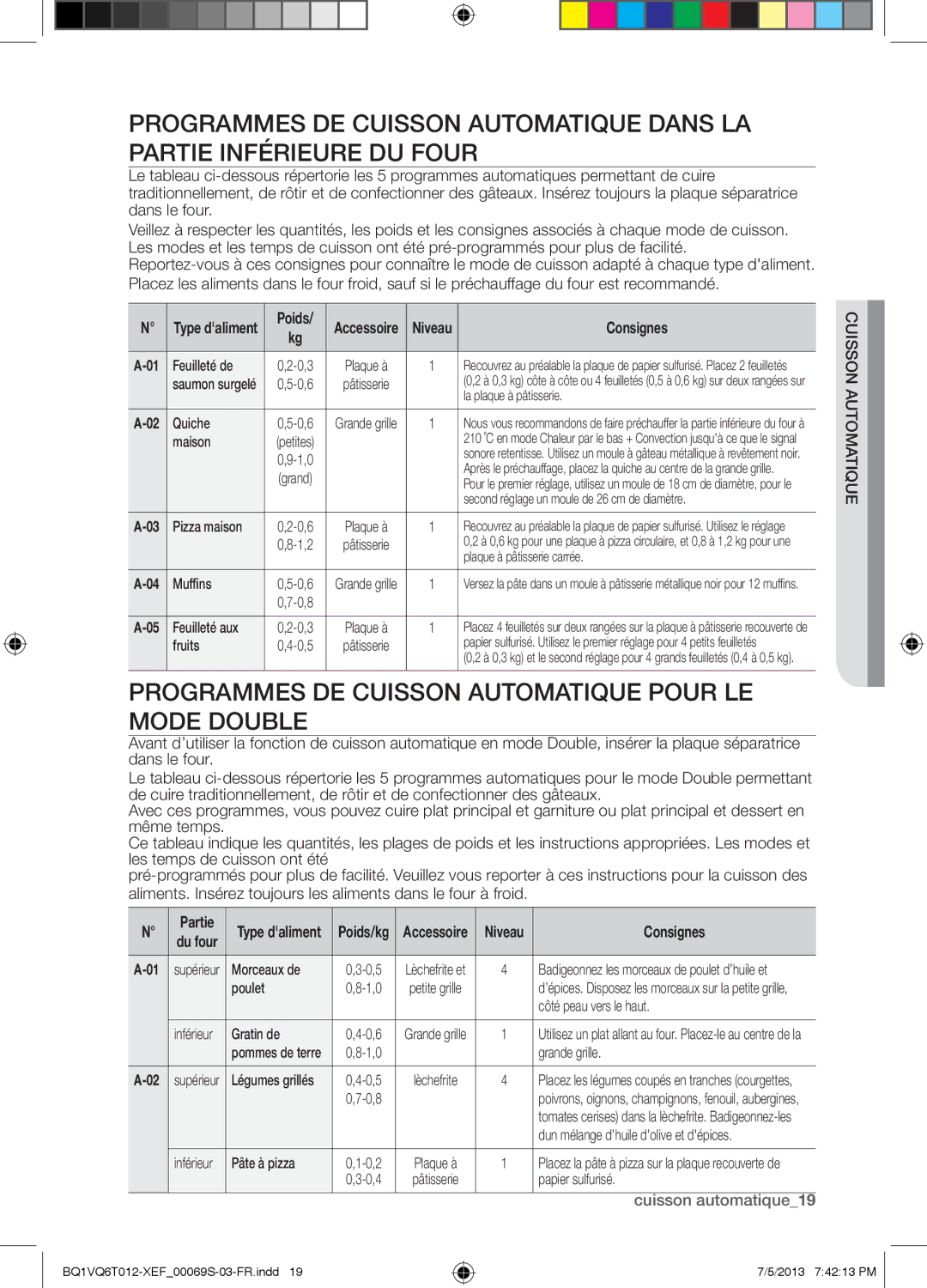 Samsung BQ1VQ6T012/XEF manual Programmes DE Cuisson Automatique Pour LE Mode Double, Poids, Partie 