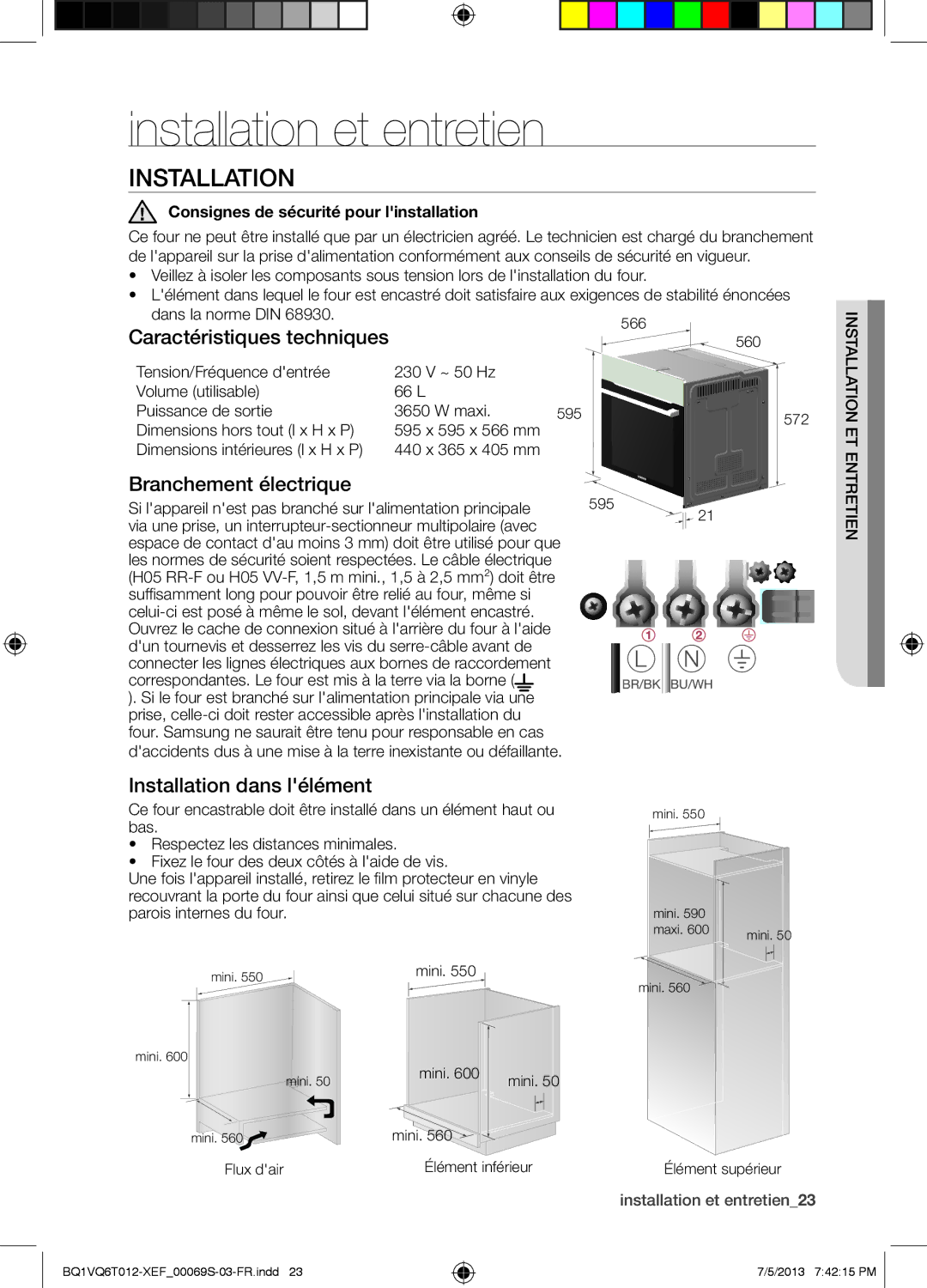 Samsung BQ1VQ6T012/XEF manual Installation et entretien, Caractéristiques techniques, Branchement électrique 