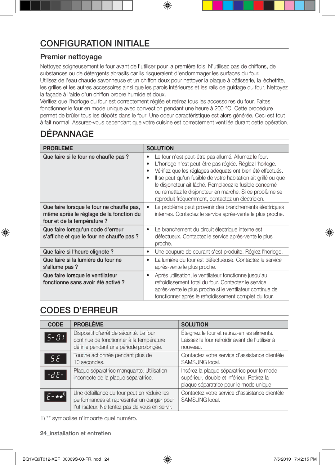 Samsung BQ1VQ6T012/XEF manual Configuration Initiale, Dépannage, Codes Derreur, Premier nettoyage 