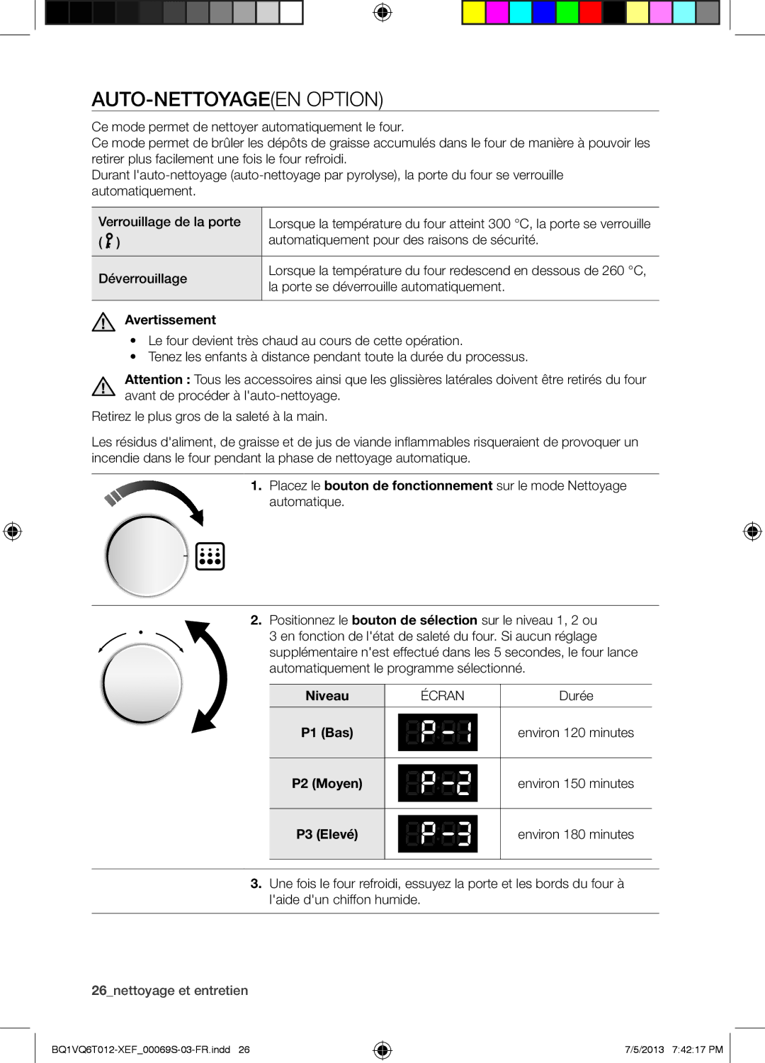 Samsung BQ1VQ6T012/XEF manual AUTO-NETTOYAGEEN Option, Avertissement, Écran, P2 Moyen, P3 Elevé 