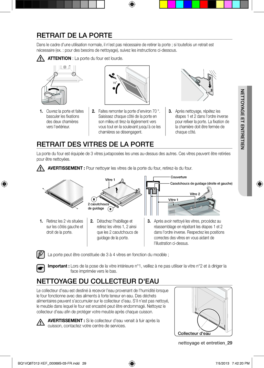 Samsung BQ1VQ6T012/XEF Retrait DE LA Porte, Retrait DES Vitres DE LA Porte, Nettoyage DU Collecteur Deau, Vers lextérieur 