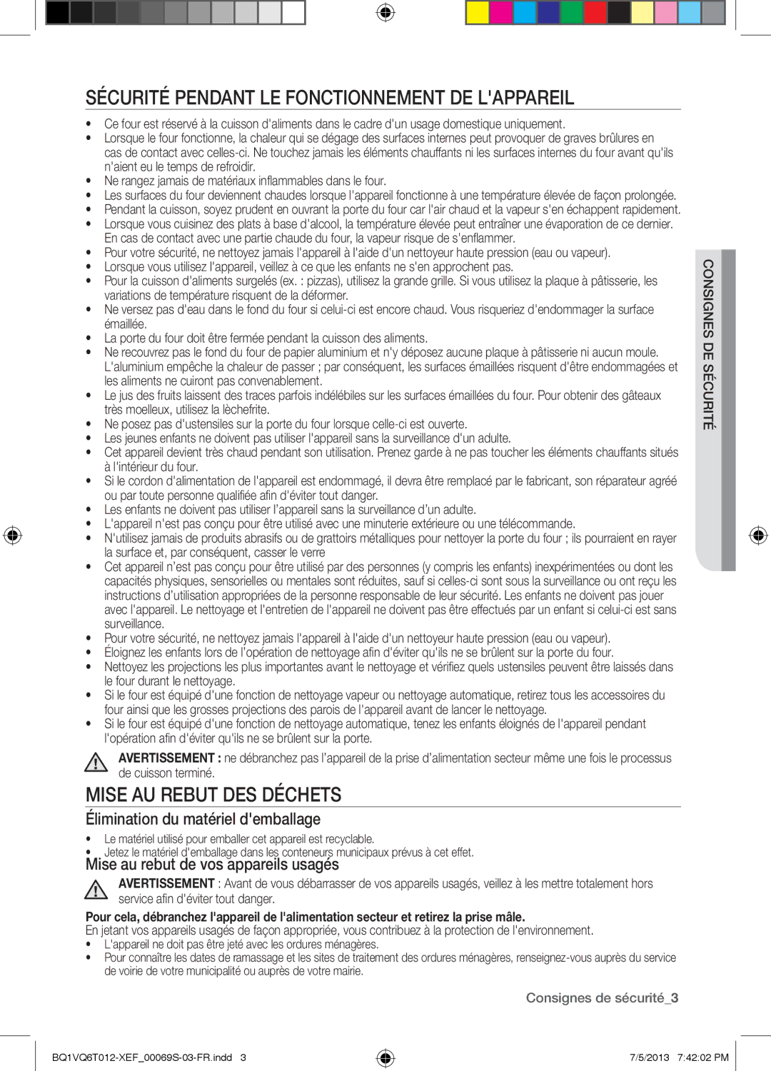 Samsung BQ1VQ6T012/XEF Sécurité Pendant LE Fonctionnement DE Lappareil, Mise AU Rebut DES Déchets, Essécuritégnsi Con 