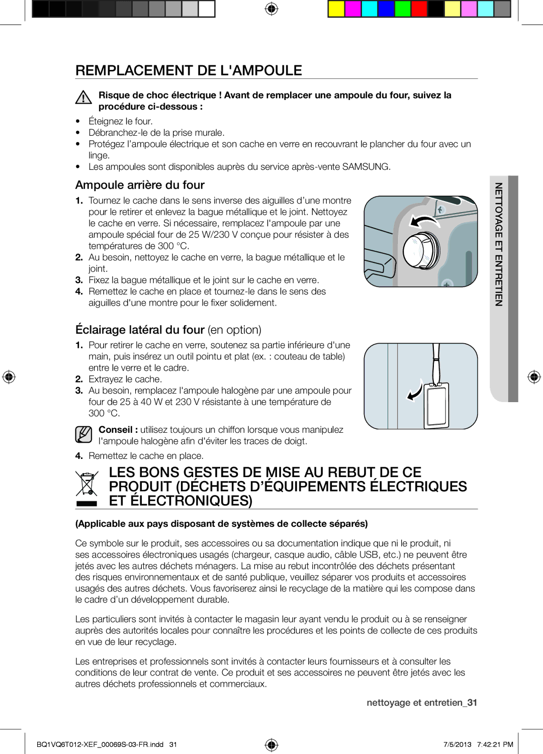 Samsung BQ1VQ6T012/XEF manual Remplacement DE Lampoule, Ampoule arrière du four, Éclairage latéral du four en option 