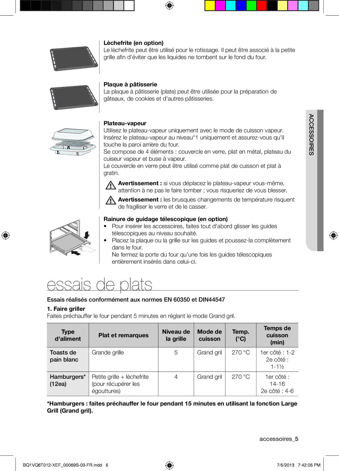 Samsung BQ1VQ6T012/XEF manual Essais de plats 