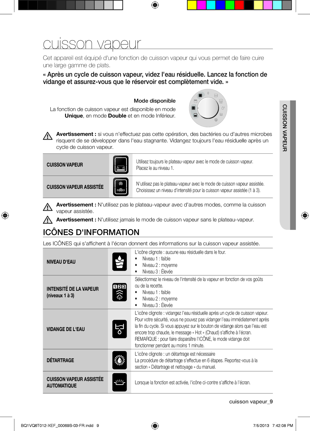 Samsung BQ1VQ6T012/XEF manual Cuisson vapeur, Icônes Dinformation 