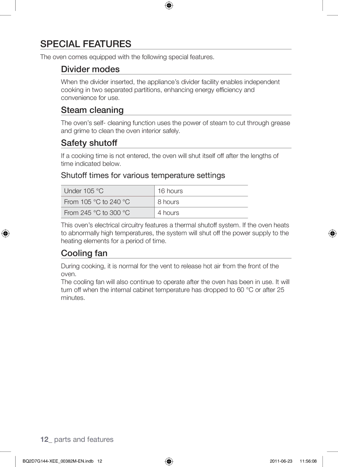 Samsung BQ2D7G144/XEE manual Special features, Divider modes, Steam cleaning, Safety shutoff, Cooling fan 