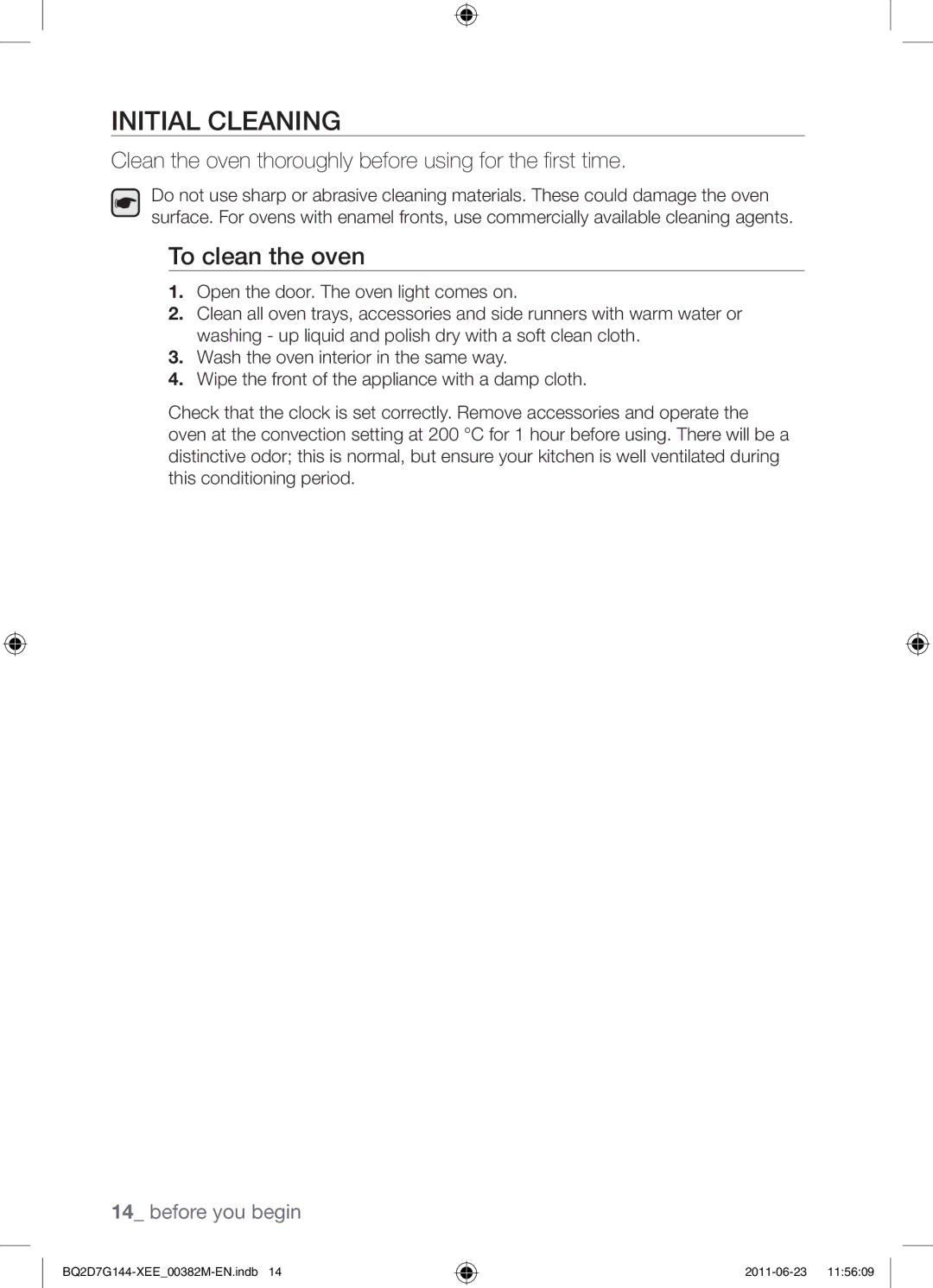 Samsung BQ2D7G144/XEE manual Initial cleaning, To clean the oven, Clean the oven thoroughly before using for the first time 