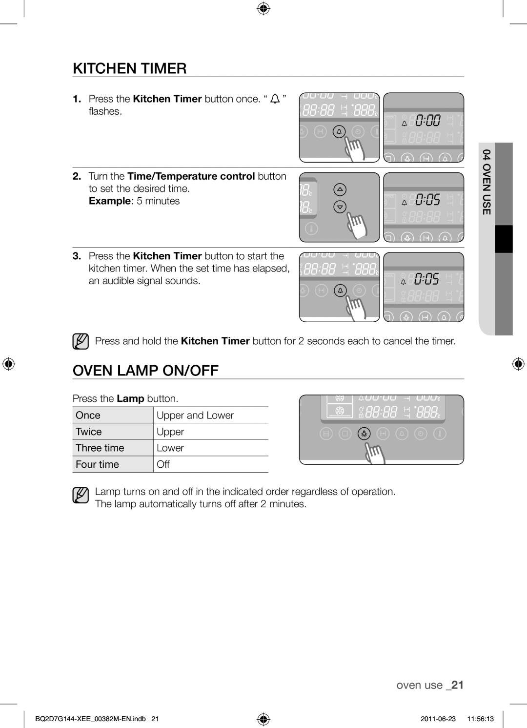 Samsung BQ2D7G144/XEE manual Kitchen timer, Oven lamp On/Off 