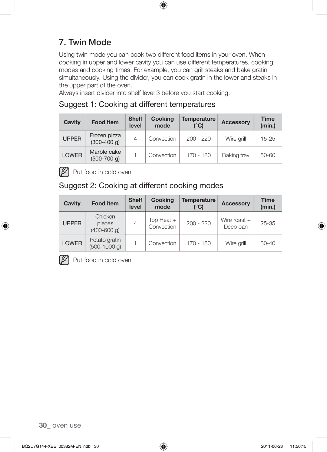 Samsung BQ2D7G144/XEE manual Suggest 1 Cooking at different temperatures, Suggest 2 Cooking at different cooking modes 