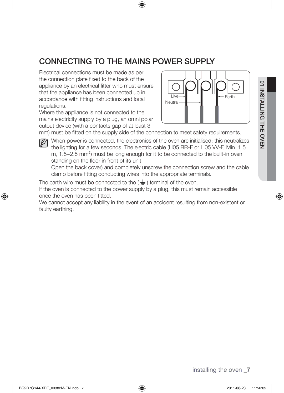 Samsung BQ2D7G144/XEE manual Connecting to the mains power supply 