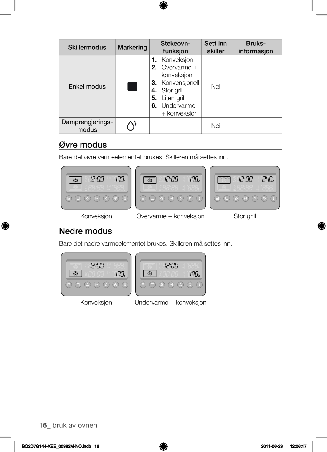 Samsung BQ2D7G144/XEE manual Øvre modus, Nedre modus 