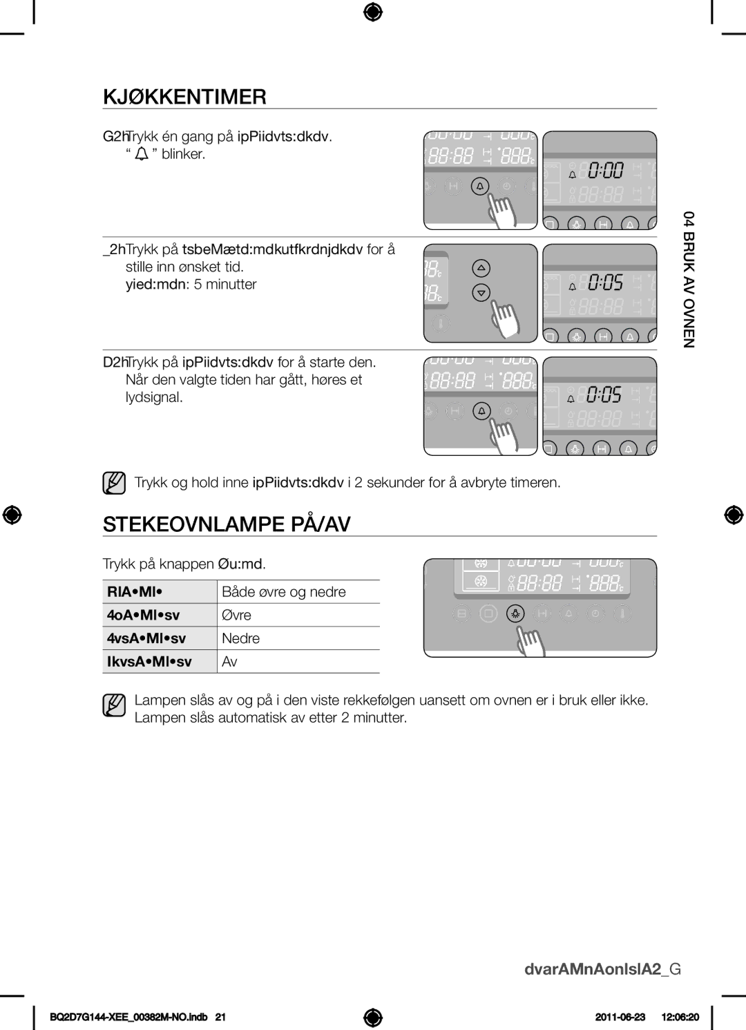 Samsung BQ2D7G144/XEE manual Kjøkkentimer, Stekeovnlampe på/av 