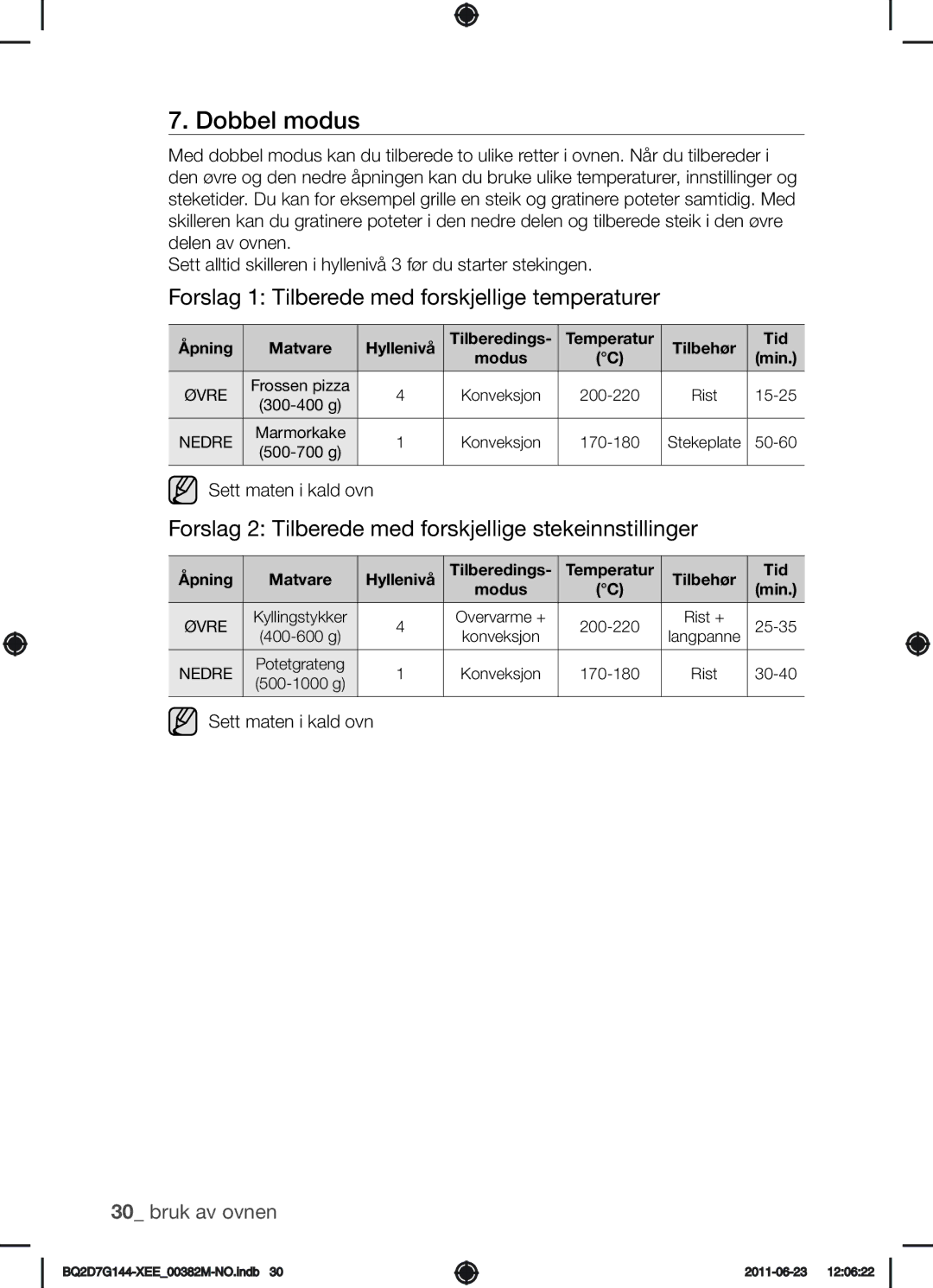 Samsung BQ2D7G144/XEE manual Forslag 1 Tilberede med forskjellige temperaturer, Åpning Matvare Hyllenivå, Tilbehør Tid 