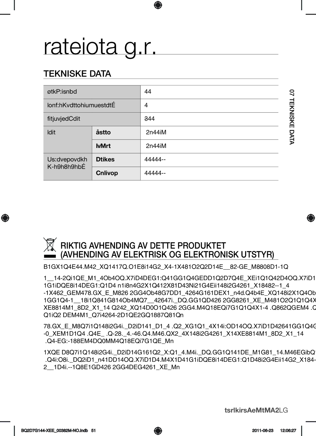 Samsung BQ2D7G144/XEE manual Tekniske data 