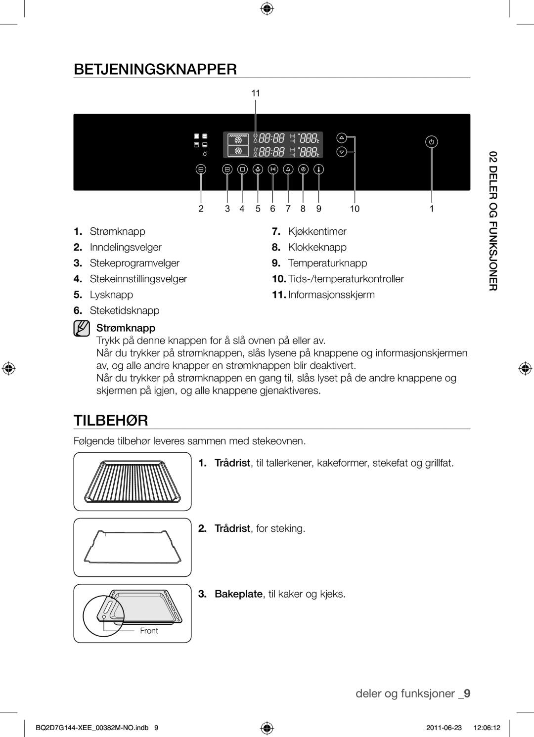 Samsung BQ2D7G144/XEE manual Betjeningsknapper, Tilbehør 