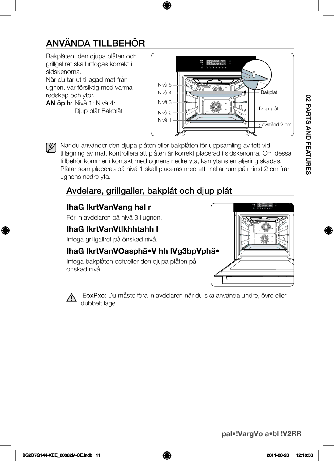 Samsung BQ2D7G144/XEE manual Använda tillbehör, Avdelare, grillgaller, bakplåt och djup plåt, Placering av avdelaren 