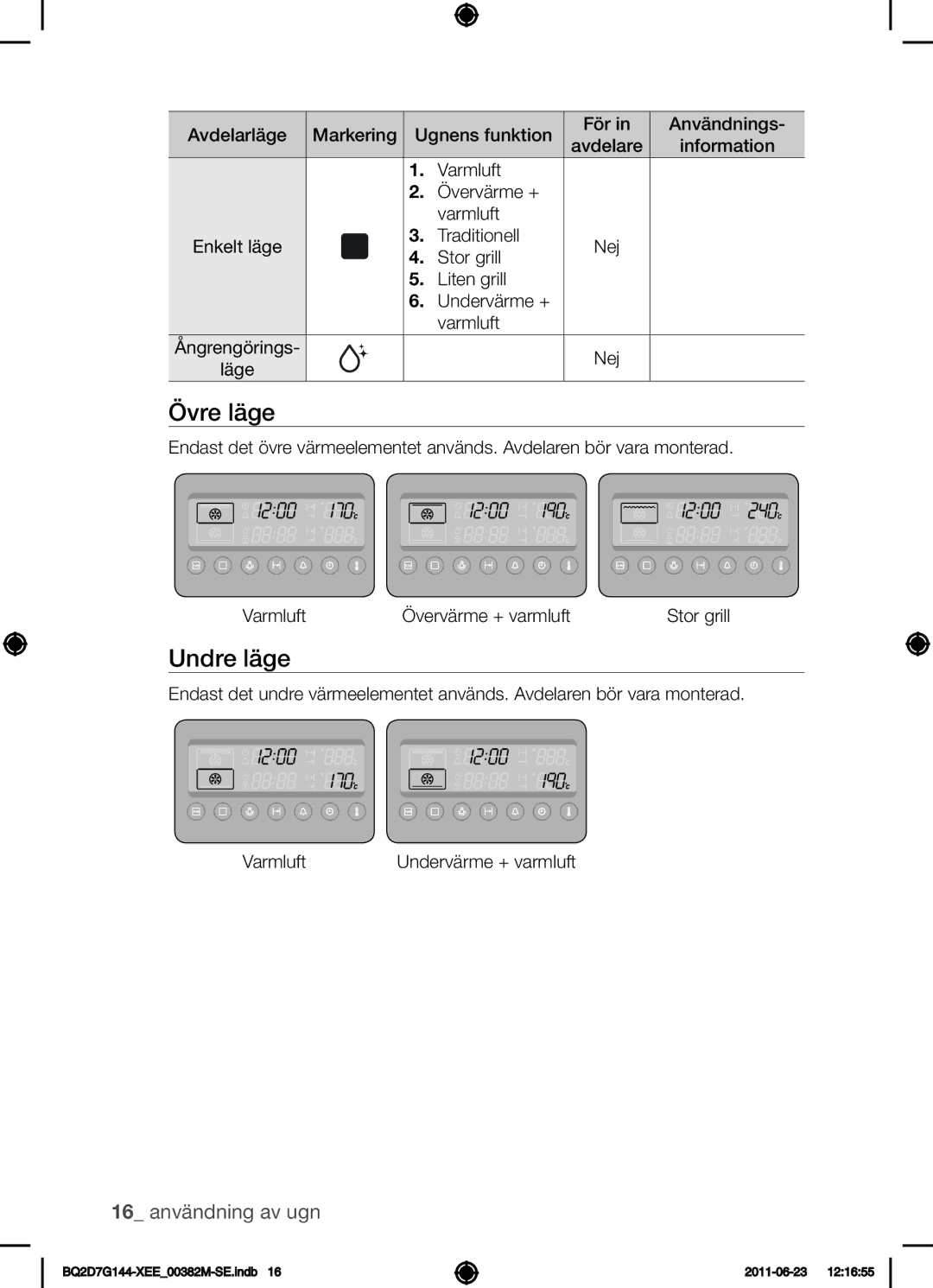 Samsung BQ2D7G144/XEE manual Övre läge, Undre läge 